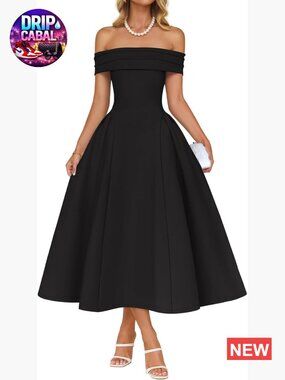 Off Shoulder Short Sleeve A Line Midi Dress for Formal Evening Party